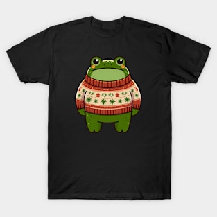 a standing frog wearing a Christmas sweater T-Shirt